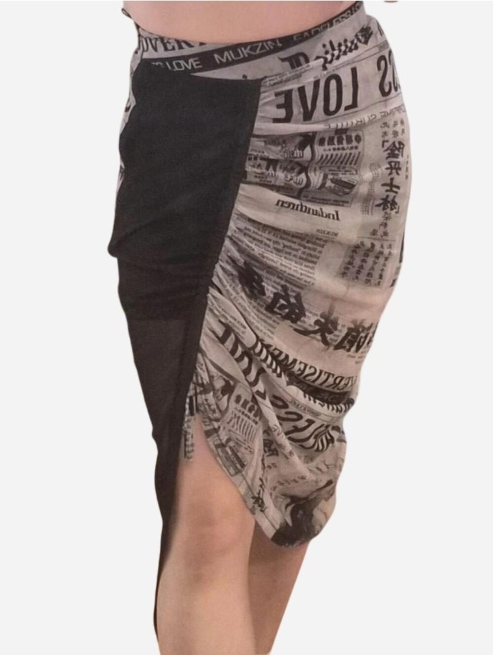 Mukzin Black and Newspaper-Print Asymmetrical Pencil Skirt